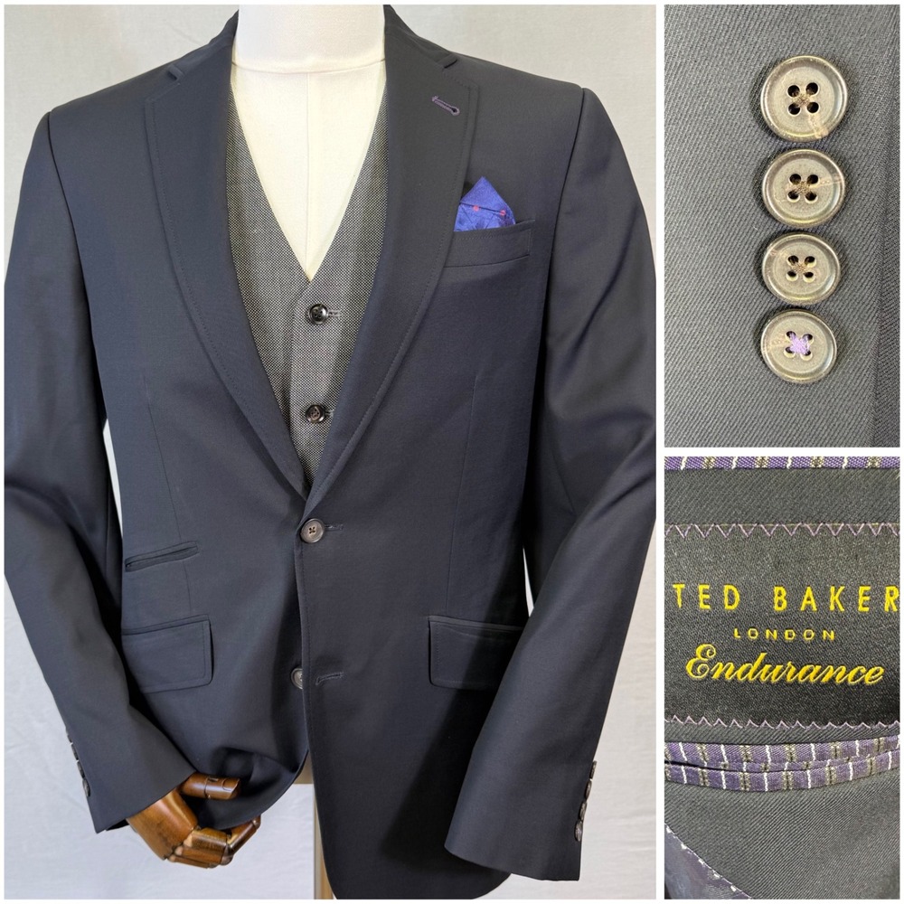 Ted Baker 2pc Blazer & Waistcoat Men 38R Black Wool Endurance Judd Double Vented